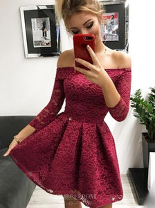 Off-the-Shoulder Long Sleeves Burgundy Lace Homecoming Dress OM184