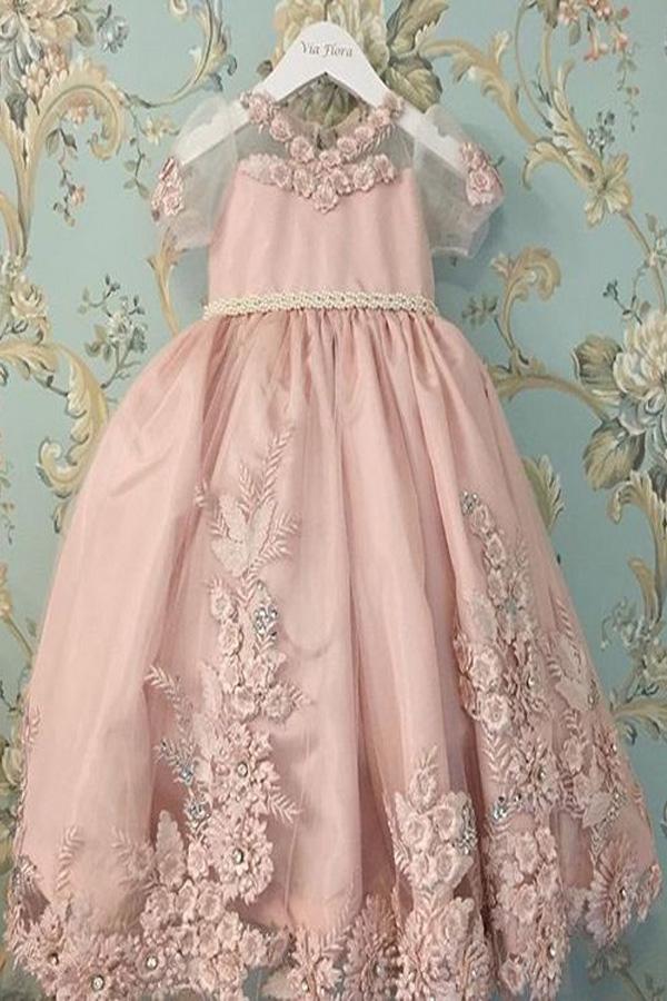 Pink Flower Girl Dress Scoop Neck Short Sleeves Tutu Gowns OF125
