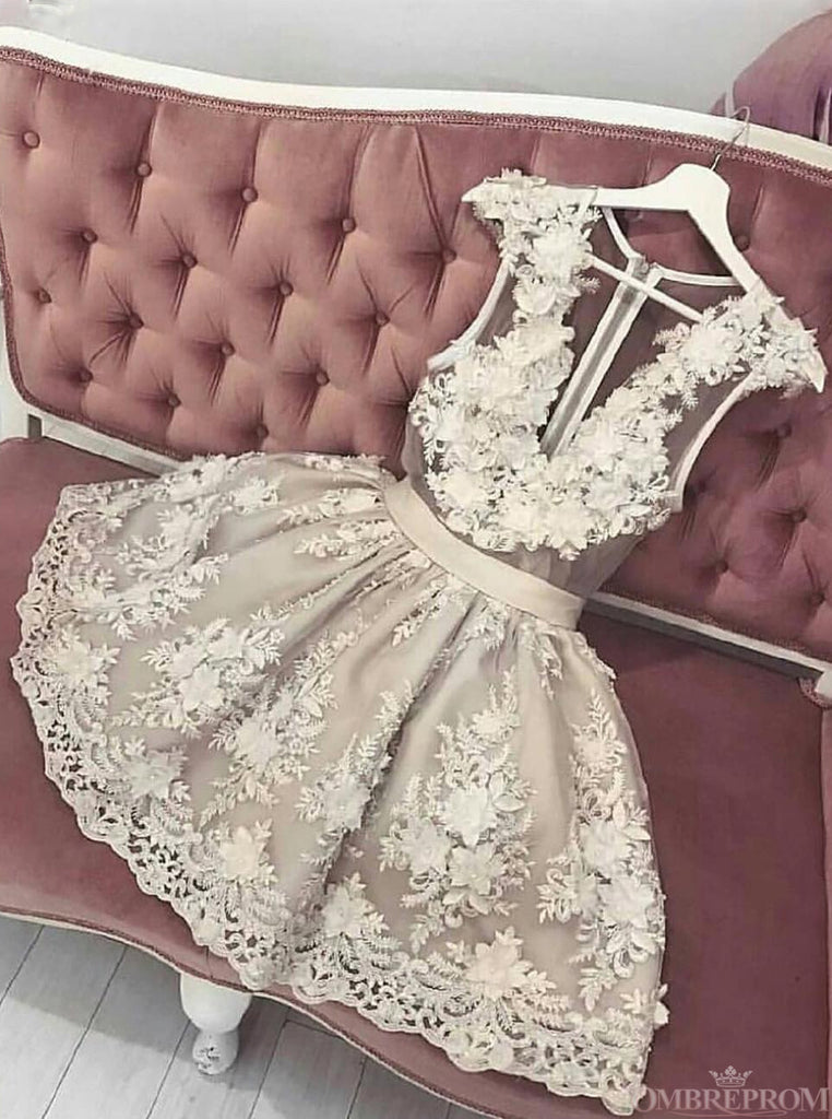 A-line V Neck Tulle Short Prom Dress Homecoming Dress With Appliques