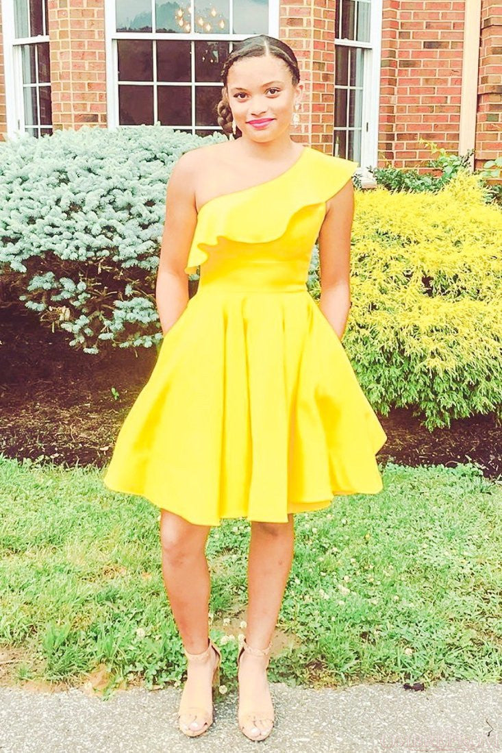 Yellow One Shoulder Short Prom Dress Homecoming Dress Ruffles
