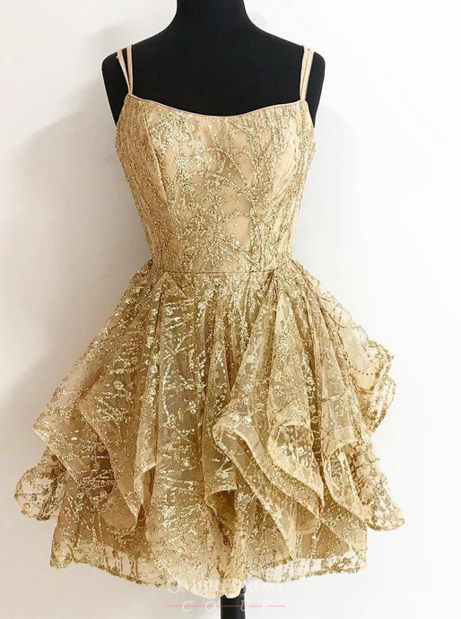A-line Sequins Gold Short Prom Dresses Glitter Cocktail Party Dress OM199