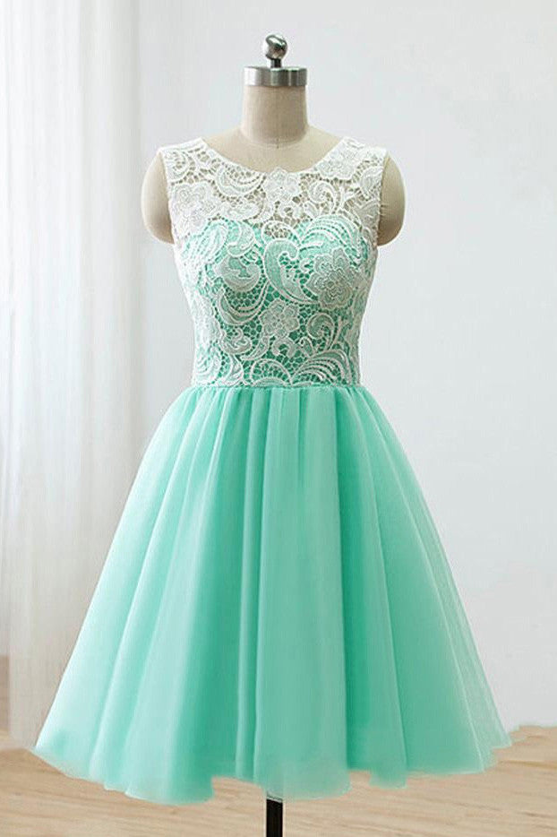 Lace Top Mint Green Tulle Homecoming Dress Short Junior Bridesmaid Dress OM227