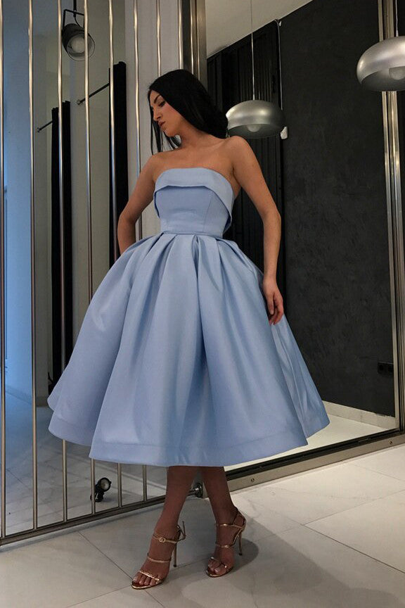Simple Tea Length Light Blue Prom Dresses Strapless Homecoming Dress OM197