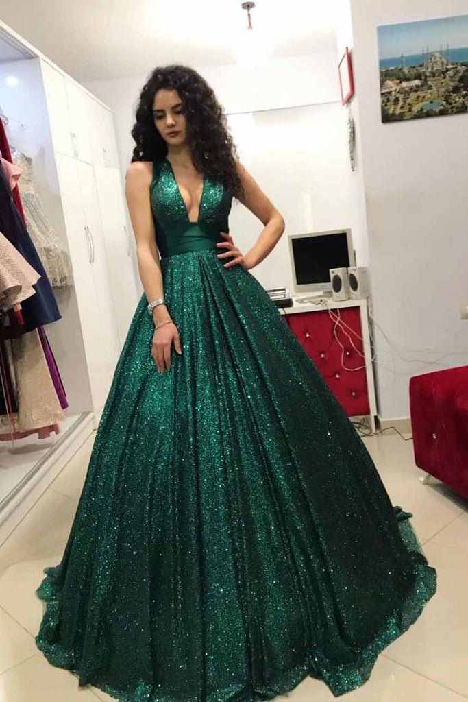 Sparkly Sequins Ball Gown Dark Green V-neck Prom Dress OP724