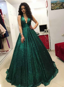 Sparkly Sequins Ball Gown Dark Green V-neck Prom Dress OP724