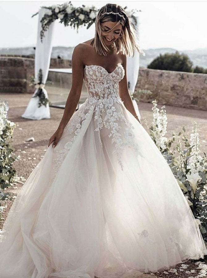 Ivory Sweetheart Tulle Applique Wedding Dress, Beach Bridal Gown OW416