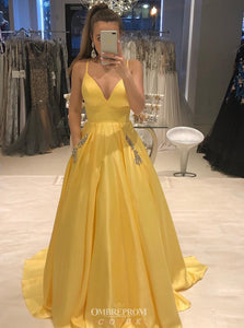 Spaghetti-straps V-neck Yellow Satin Prom Dress with Beaded Pockets OP738
