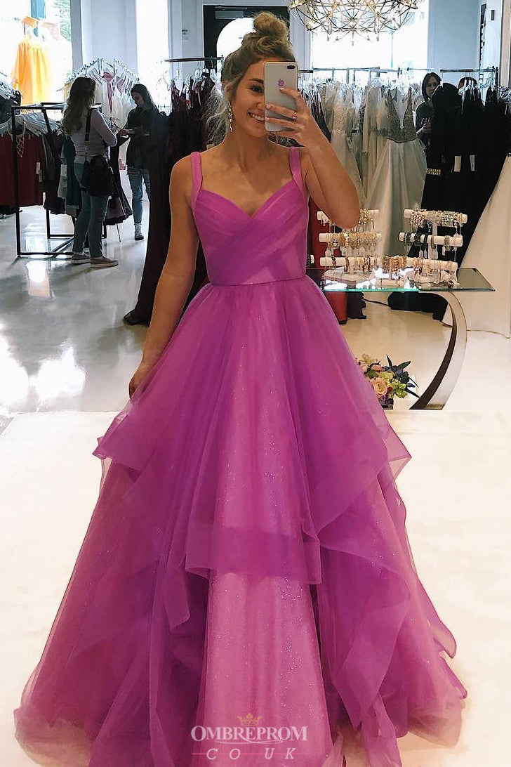 Charming A-line Straps V-neck Long Prom Dress with Ruffles OP739