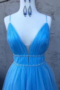 V-Neck Blue Long Prom Dresses Tulle Formal Dress with Beading PO024