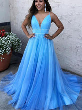 V-Neck Blue Long Prom Dresses Tulle Formal Dress with Beading PO024