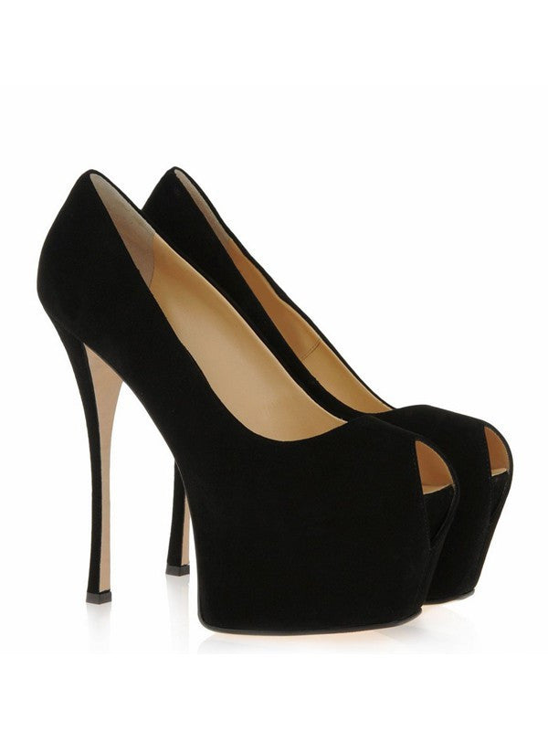 Black Suede Stiletto Heel Peep Toe Platform High Heels OS111