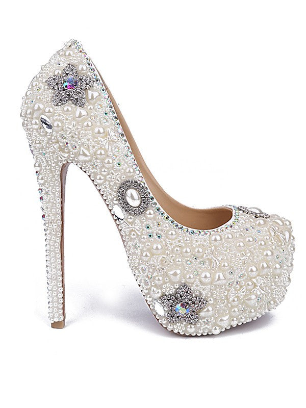 Patent Leather Closed Toe With Pearl Rhinestone White Wedding Shoes OS120