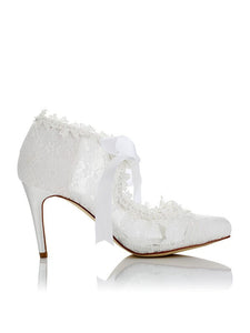 White Lace Wedding Shoes PU Closed Toe Stiletto Heel OS127