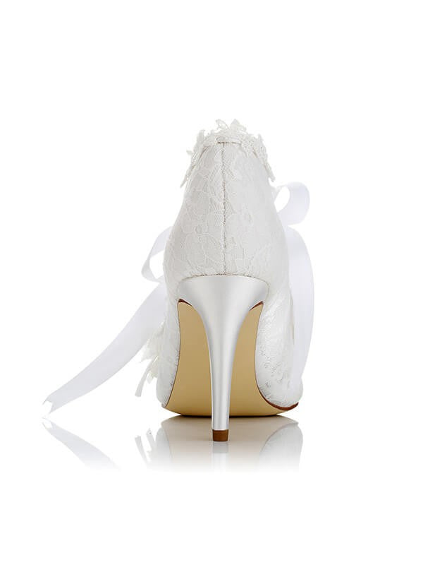 White Lace Wedding Shoes PU Closed Toe Stiletto Heel OS127