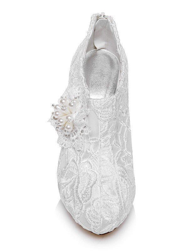 Satin Closed Toe Stiletto Heel Lace Flower White Wedding Shoes OS128