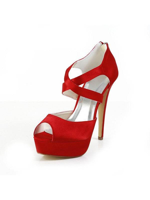 Red Satin Peep Toe Stiletto Heel Party Shoes OS122
