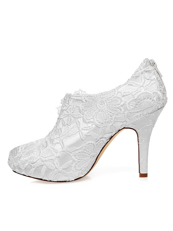 Satin Closed Toe Stiletto Heel Lace Flower White Wedding Shoes OS128