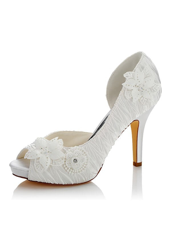 Satin PU Peep Toe Stiletto Heel Wedding Shoes With Flowers OS129