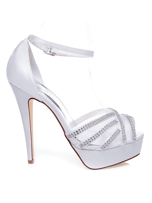 White Wedding Shoes Satin Peep Toe Stiletto Heel With Rhinestones OS125