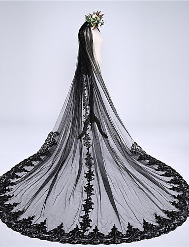 Black Wedding Veil One-tier Lace Applique Edge Bridal Chapel Veils OV10