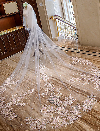 Two-tier Cathedral Wedding Veils with Lace Floral Appliques OV5