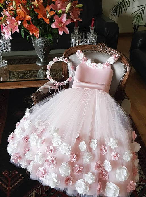 Cute Pink Tulle 3D Floral Appliques Princess Flower Girl Dress OF136