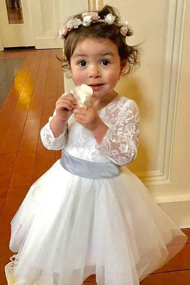 Cute A-line Long Sleeves Lace Tulle Flower Girl Dress OF133