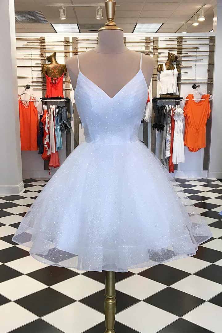 Spaghetti-straps V Neck Short Prom Dress White Homecoming Dress OM214