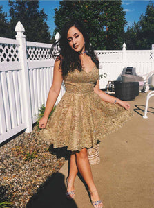 Gold Lace V-neck Short Prom Dress Homecoming Gown OM212