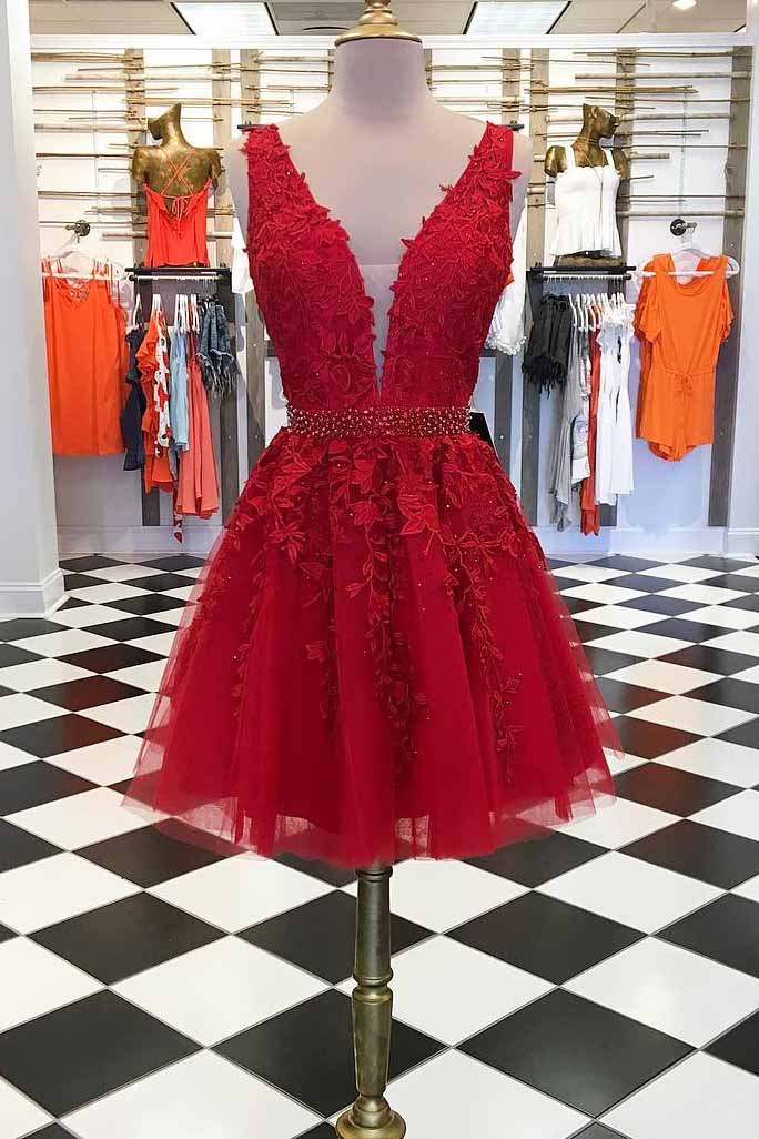 A-line Red V Neck Lace Short Prom Dress Homecoming Dress