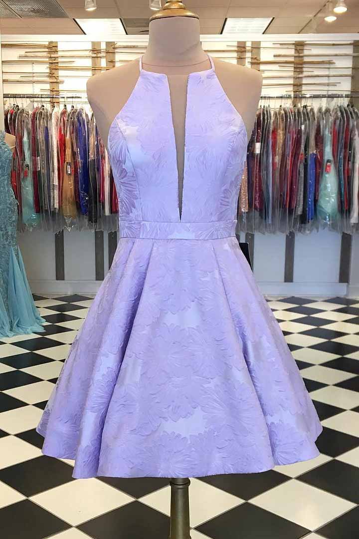 Lilac Printed Satin Short Prom Homecoming Dress With Pockets OM287