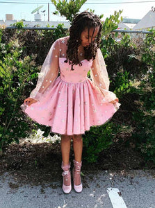 Starry Night Pink Sweet 15 Dress Glitter Star Long Sleeves Homecoming Dress OM209
