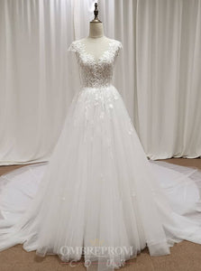A-Line Deep V-neck Cap Sleeves Bridal Gown Lace Appliques Wedding Dress OW469