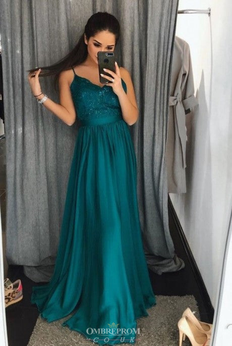 Sexy Emerald Green A-line Spaghetti Long Prom Evening Dresses OP756