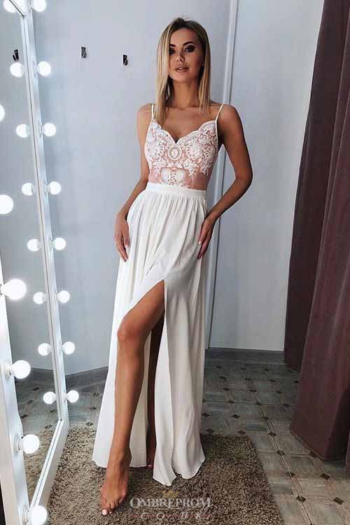 Sexy A-line Spaghetti White Long Prom Evening Dresses With Slit OP757