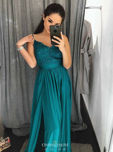 Sexy Emerald Green A-line Spaghetti Long Prom Evening Dresses OP756