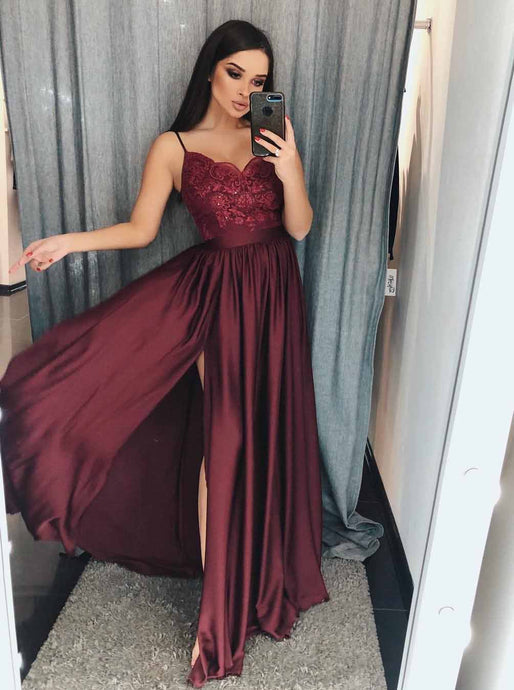 Long Burgundy Prom Dresses Spaghetti A Line Appliques with Slit OP759