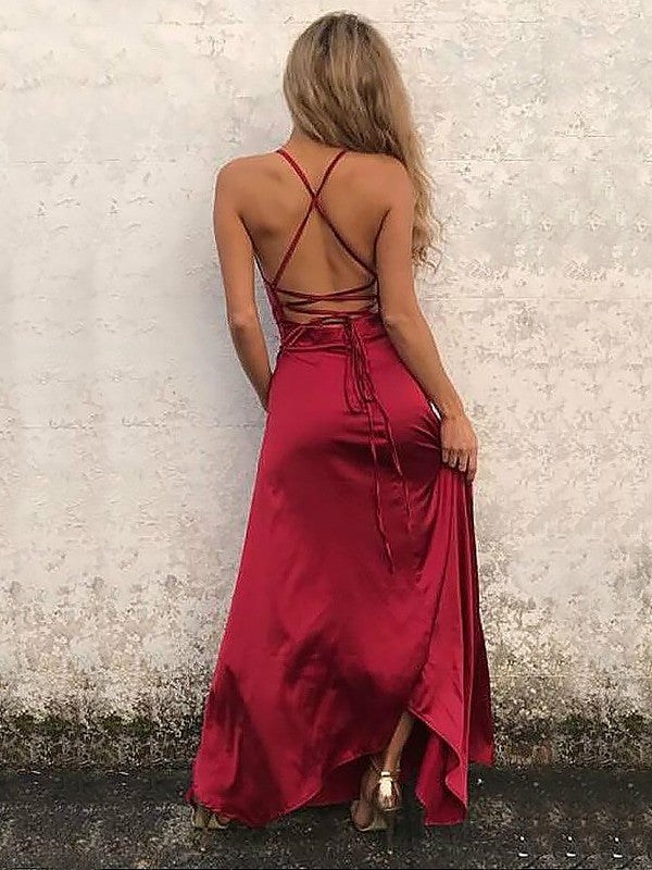 A-line Backless Red Long Satin Split Front Prom Dress PX799