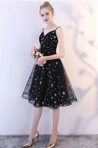 Black Spaghetti Straps V Neck Tulle Graduation Dress with Stars, Glitter Homecoming Dress OM604