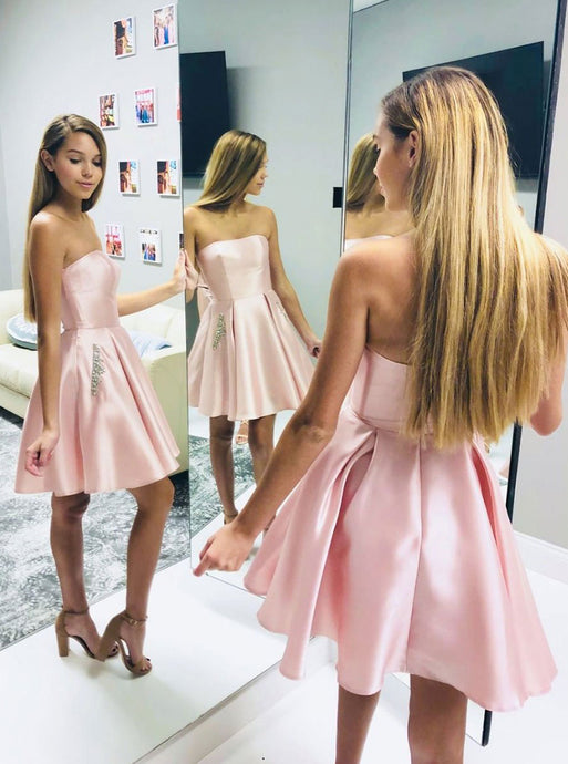 Pink Satin Short Prom Dress Pink Homecoming Dress PD1159