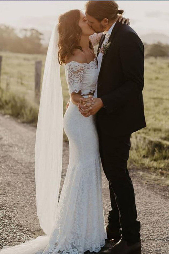 Two Pieces Mermaid Off The Shoulder Lace Wedding Dresses