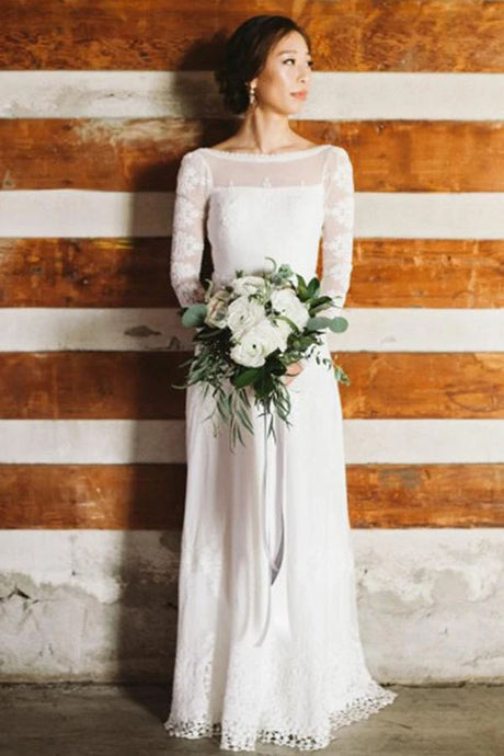 Unique Bateau Neck Long Sleeves Backless Lace Wedding Dress W712